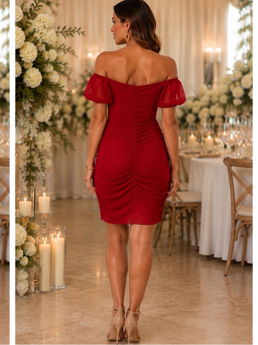 Off-Shoulder Ruched Red Cocktail Dress - Picture 2 of 7